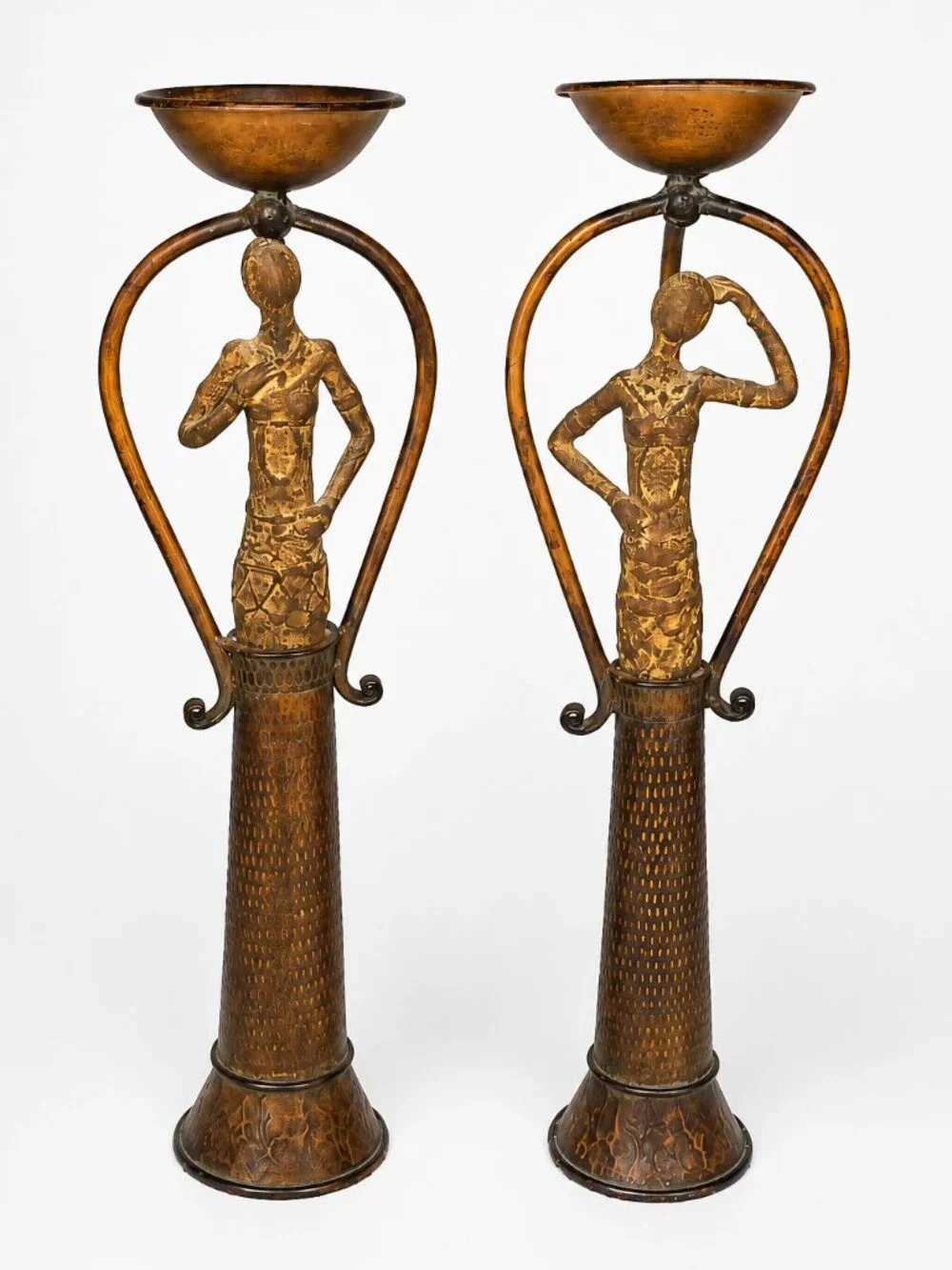 Pair African Tribal Woman Metal Candle Holders 17”